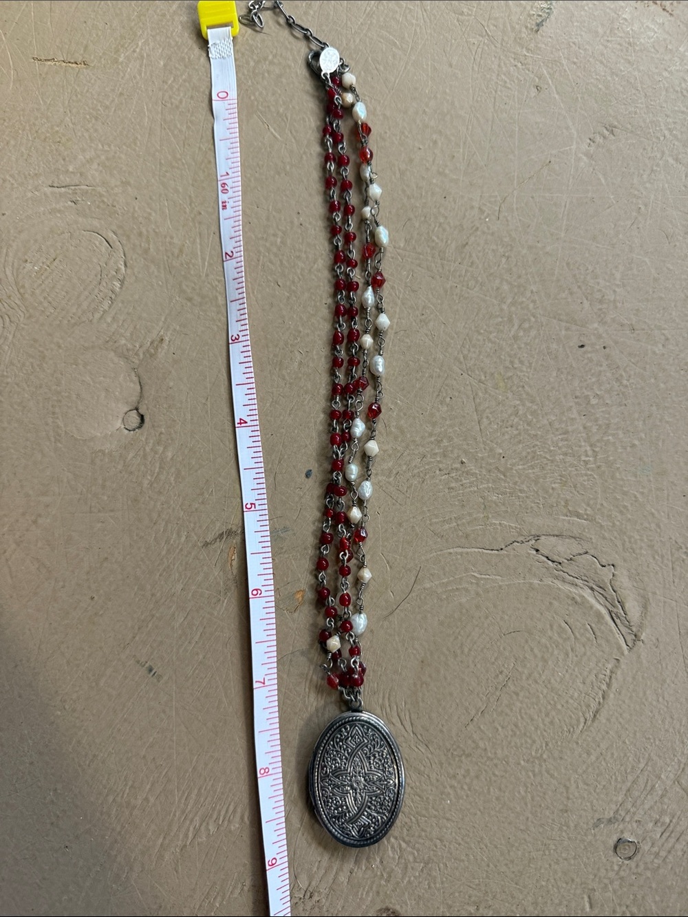 Multi-Strand Red and Cream Bead Locket Pendant Necklace